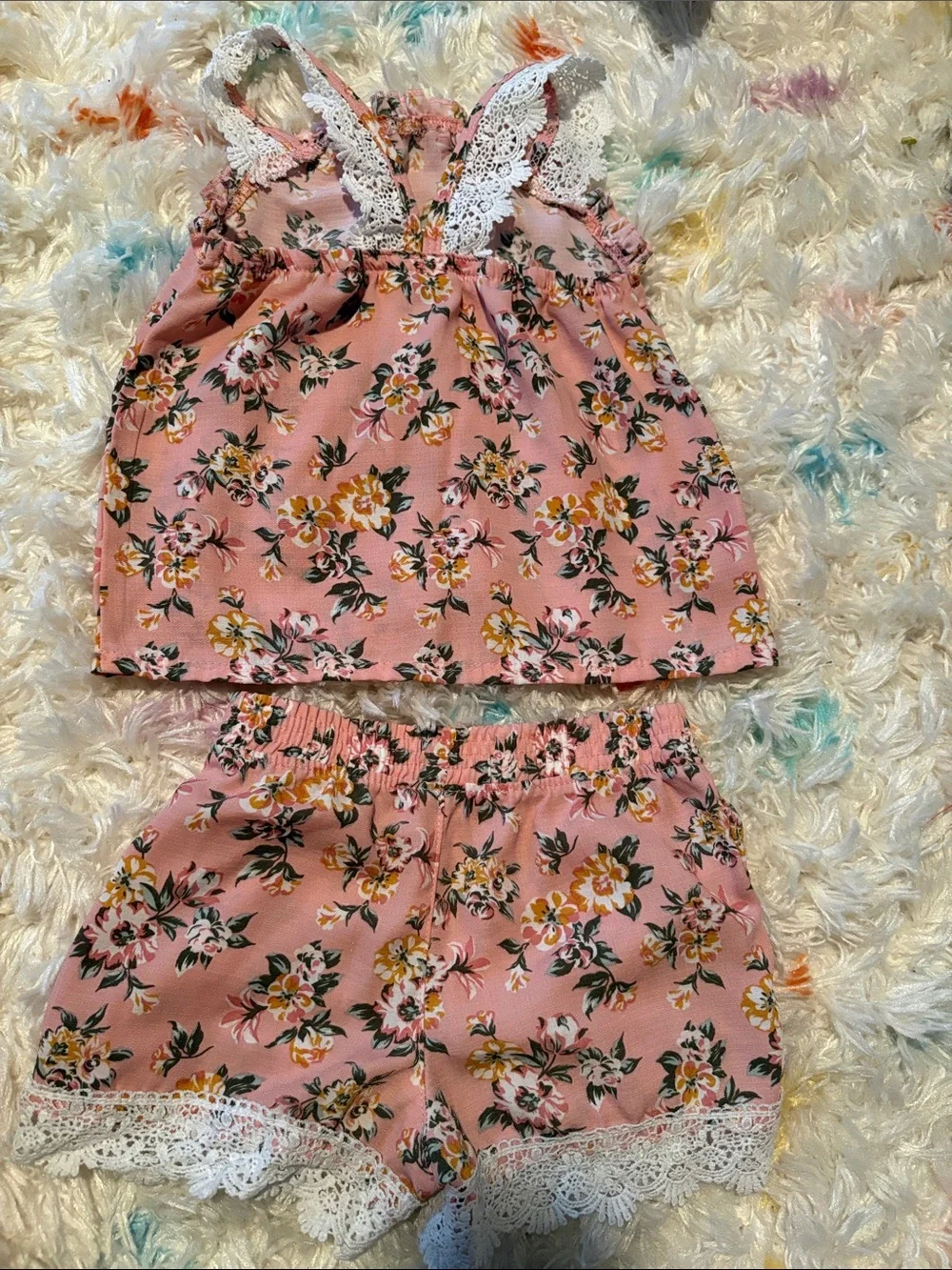 Little Lass Pink Floral Lace-Trim Tank & Shorts Set - Picture 2 of 3